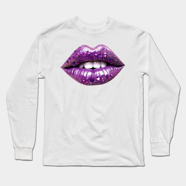 Bejeweled Purple Lips Long Sleeve T-Shirt by Chromatic Fusion Studio